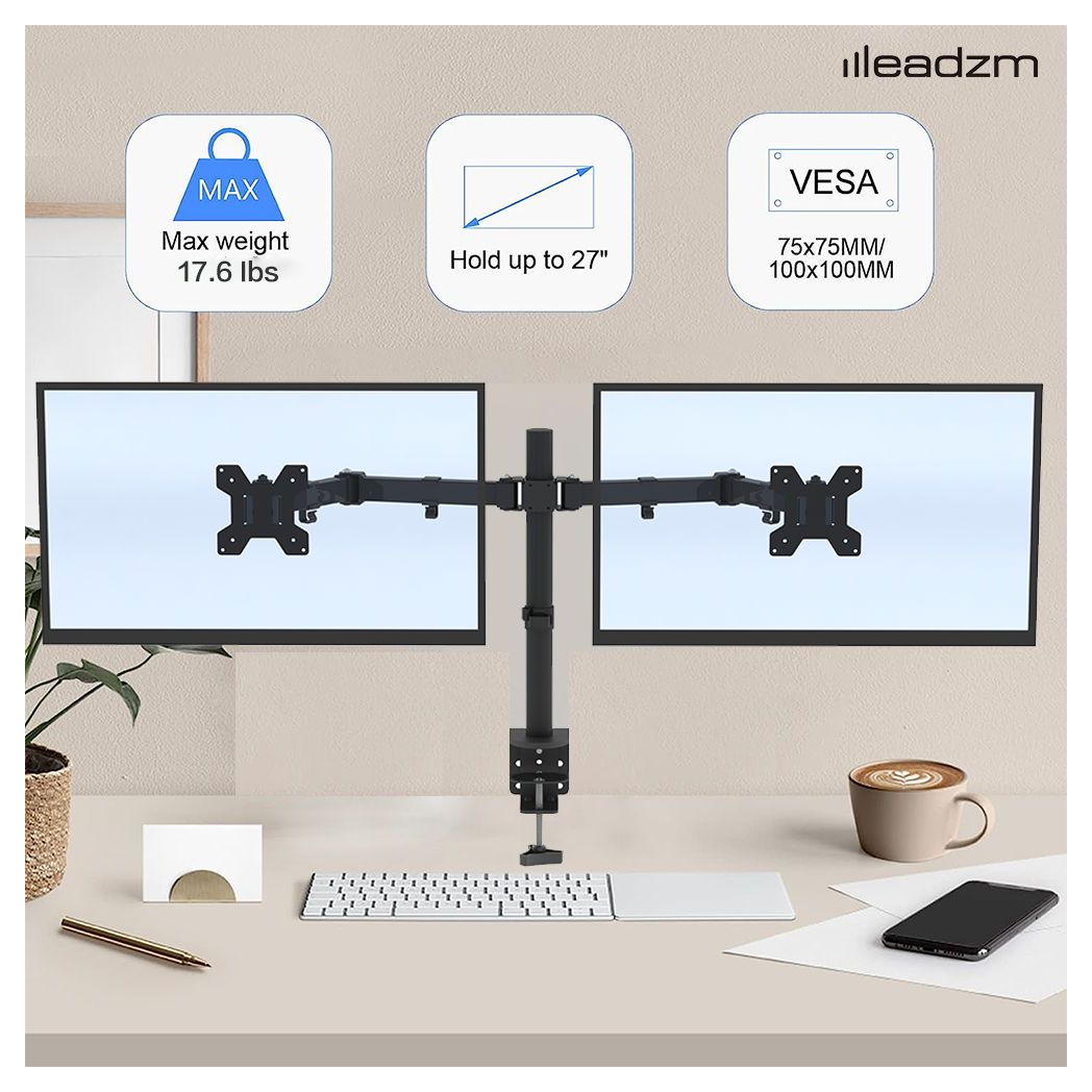 Dual monitor mount on desk with two screens, height-adjustable black pole