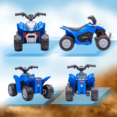 Blue kids electric quad bike shown from multiple angles: front, side, and rear