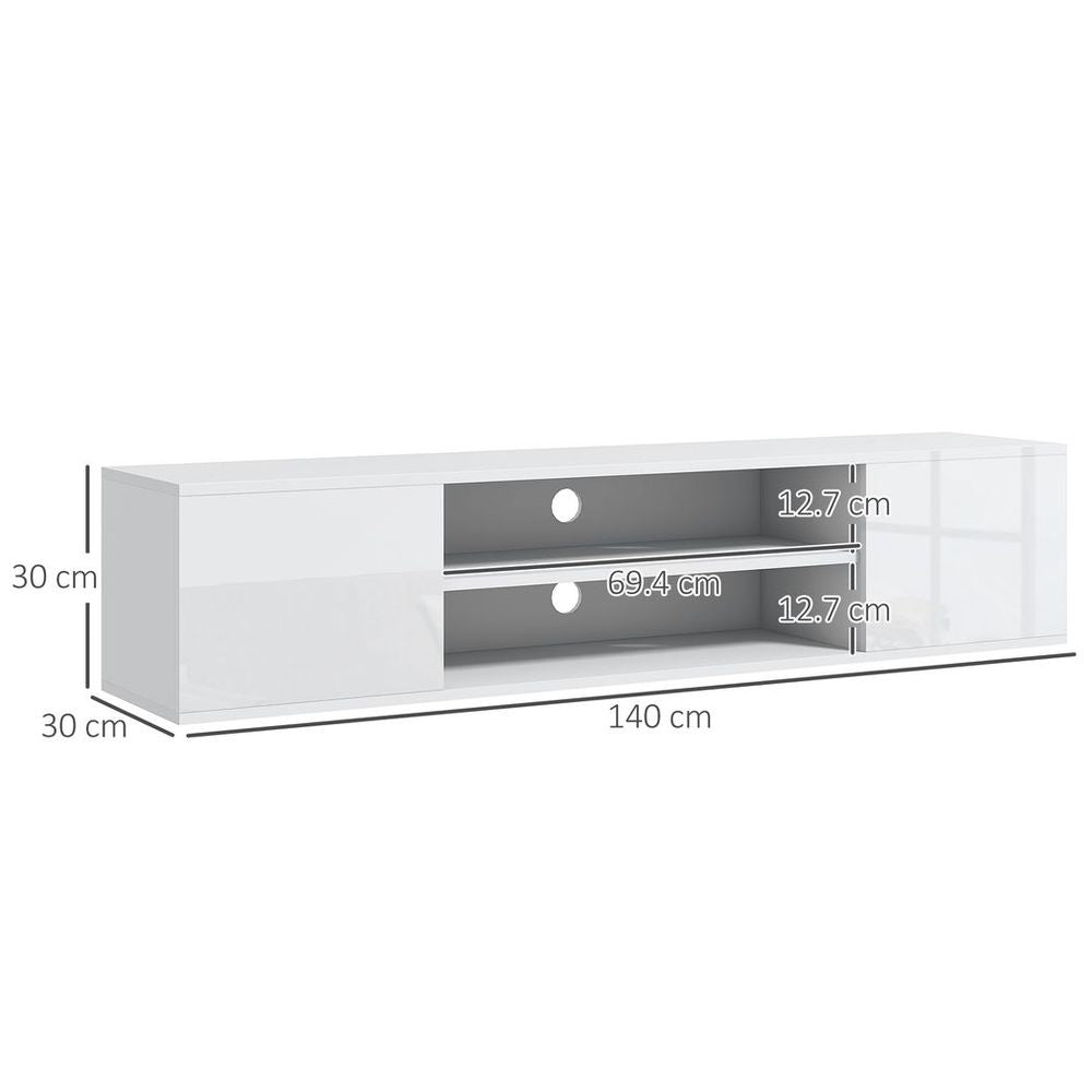 White floating TV console with open center shelves and side cabinet storage