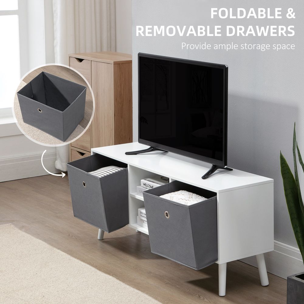 TV cabinet with foldable gray drawers and open shelves for storing TV accessories