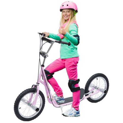 Pink teen stunt scooter with black handlebar grips, black foot deck, 16in wheels