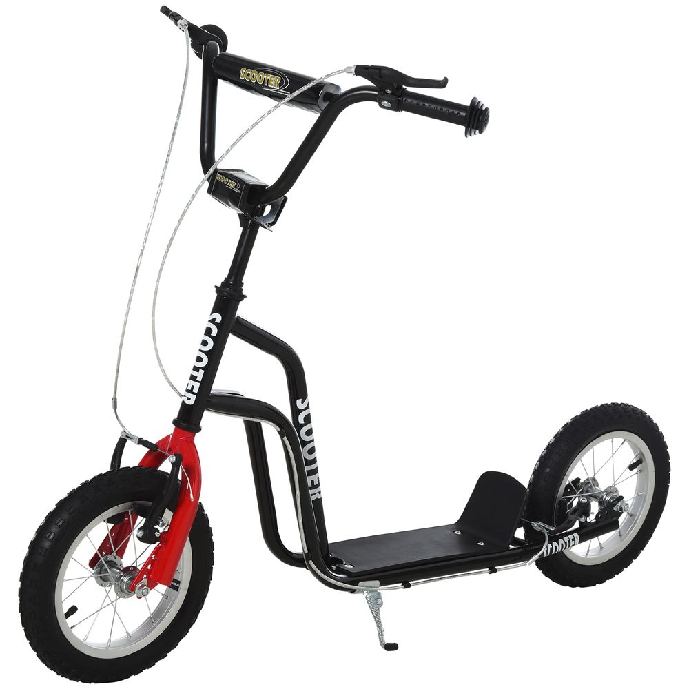 Kids kick scooter with black frame, red front wheel, padded deck, inflatable rubber tires