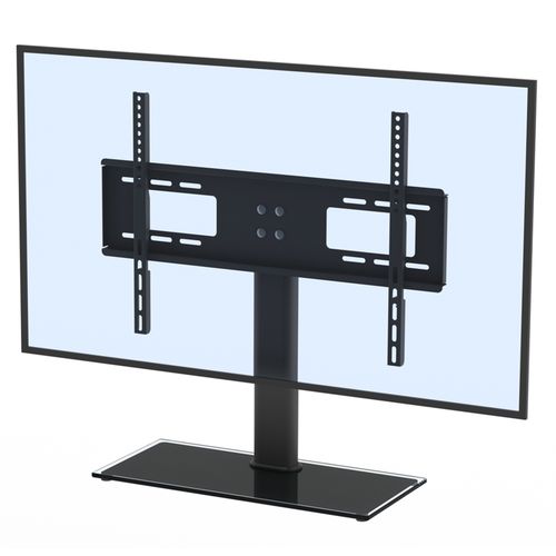 Black TV wall mount bracket 3/4 view with VESA plate, side rails, and pedestal base