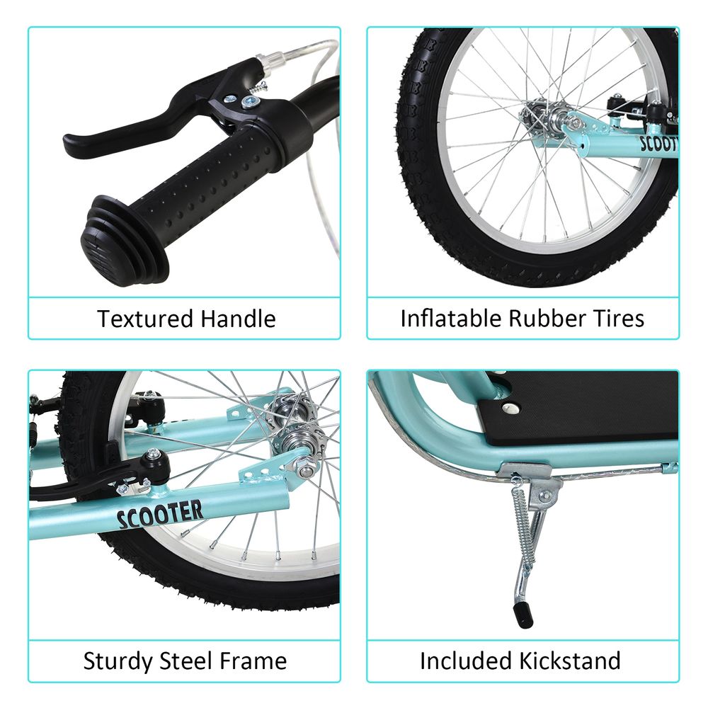 Kids kick scooter detail: textured handle grips, inflatable rubber tires, steel frame, kickstand