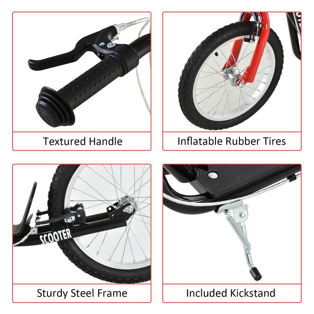 Kids kick scooter close-up: textured handle grips, red front wheel, steel frame, kickstand