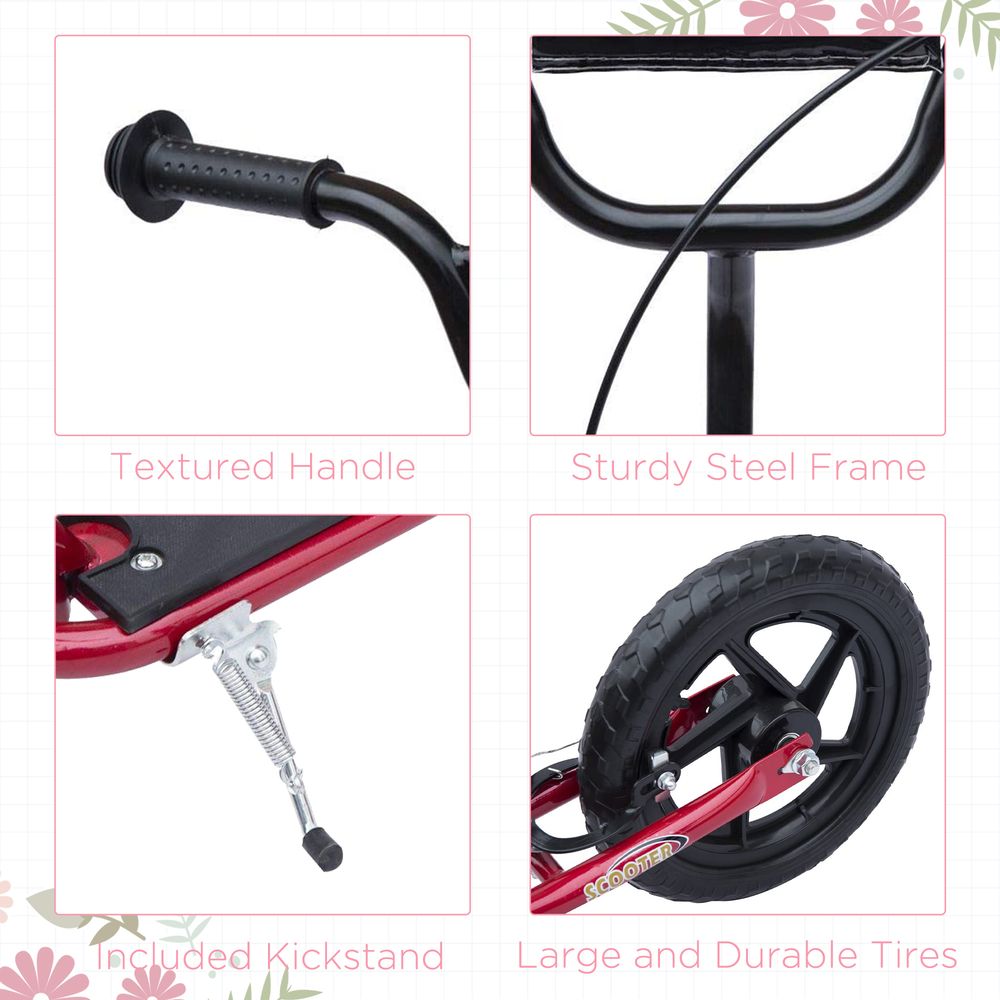 Red scooter details: textured black handle, steel frame, kickstand, and large tires