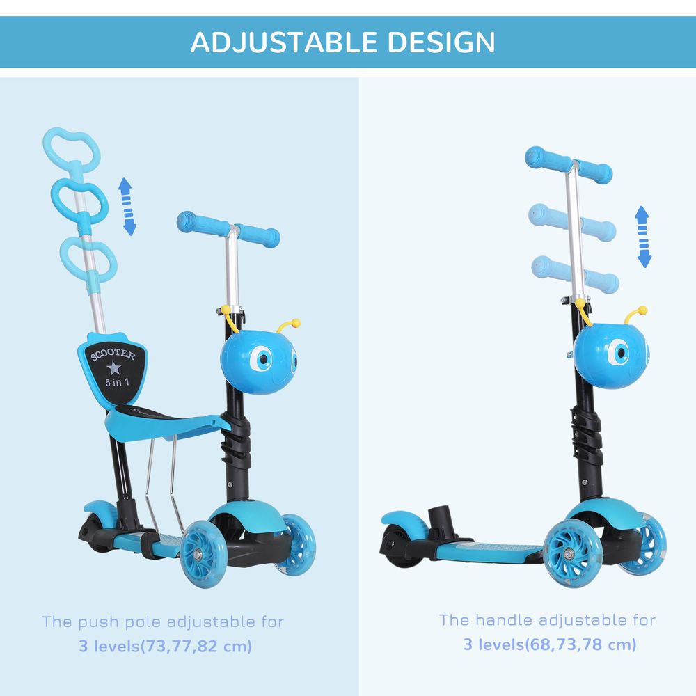 Blue 3-wheel kids kick scooter with adjustable push handle height and front wheels