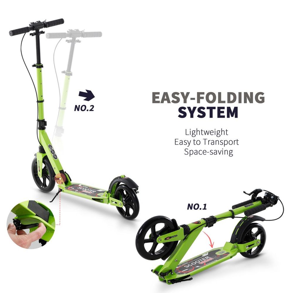 Green kick scooter shown folded and unfolded with dual brake controls
