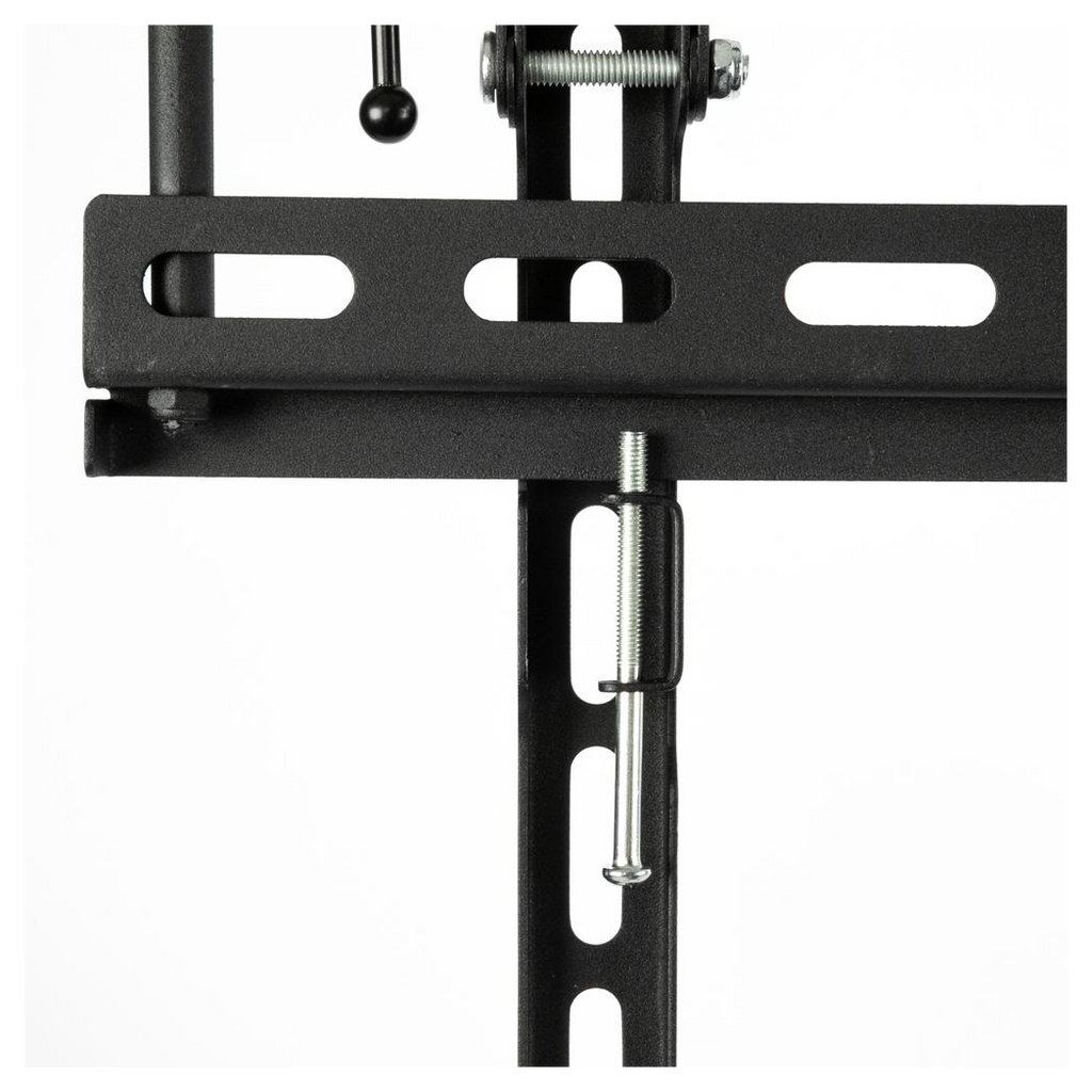 Close-up of black metal TV wall mount plate and threaded adjustment rod with bolts