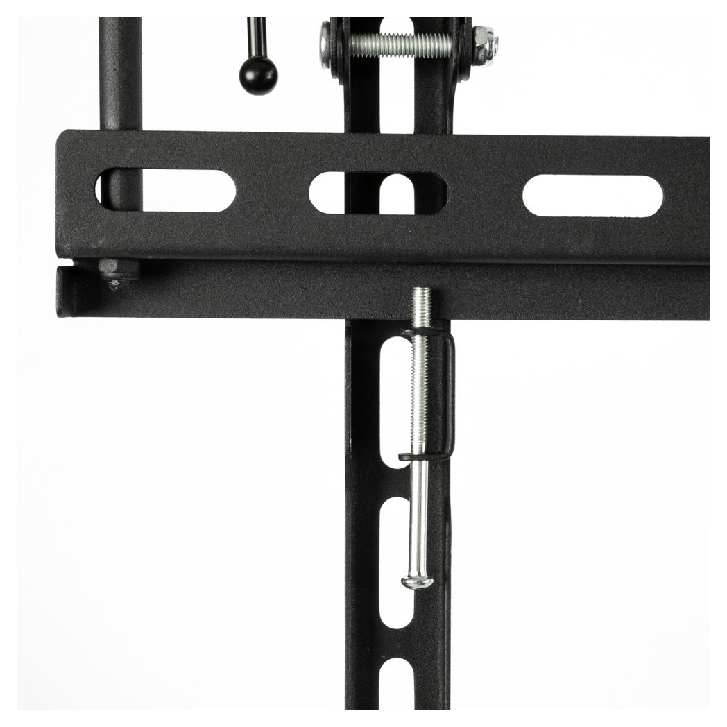 Close-up of black metal TV wall mount plate and threaded adjustment rod with bolts