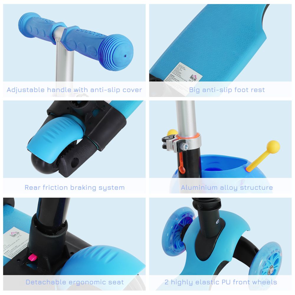 Blue and black scooter features: anti-slip handle, rear friction brake, elastic front wheels