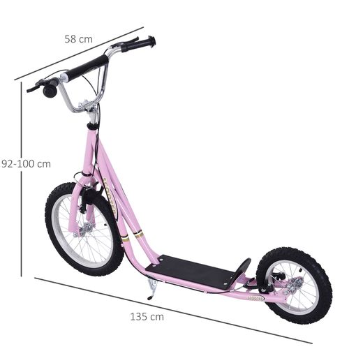 Pink kick scooter with black footboard and front and rear rubber wheels