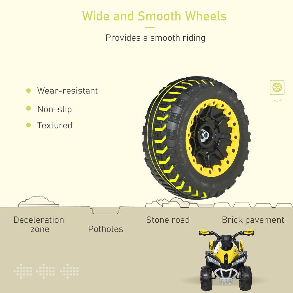 Toddler quad ride-on wheel with black tire and yellow rim, deep tread pattern