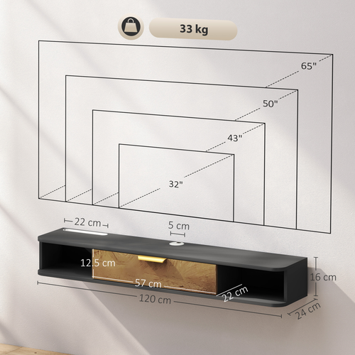 Grey floating TV unit with wood-toned drawer and side shelf, with size diagram