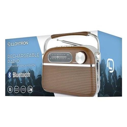 Brown vintage-style Bluetooth rechargeable radio with chrome handle, shown with retail box