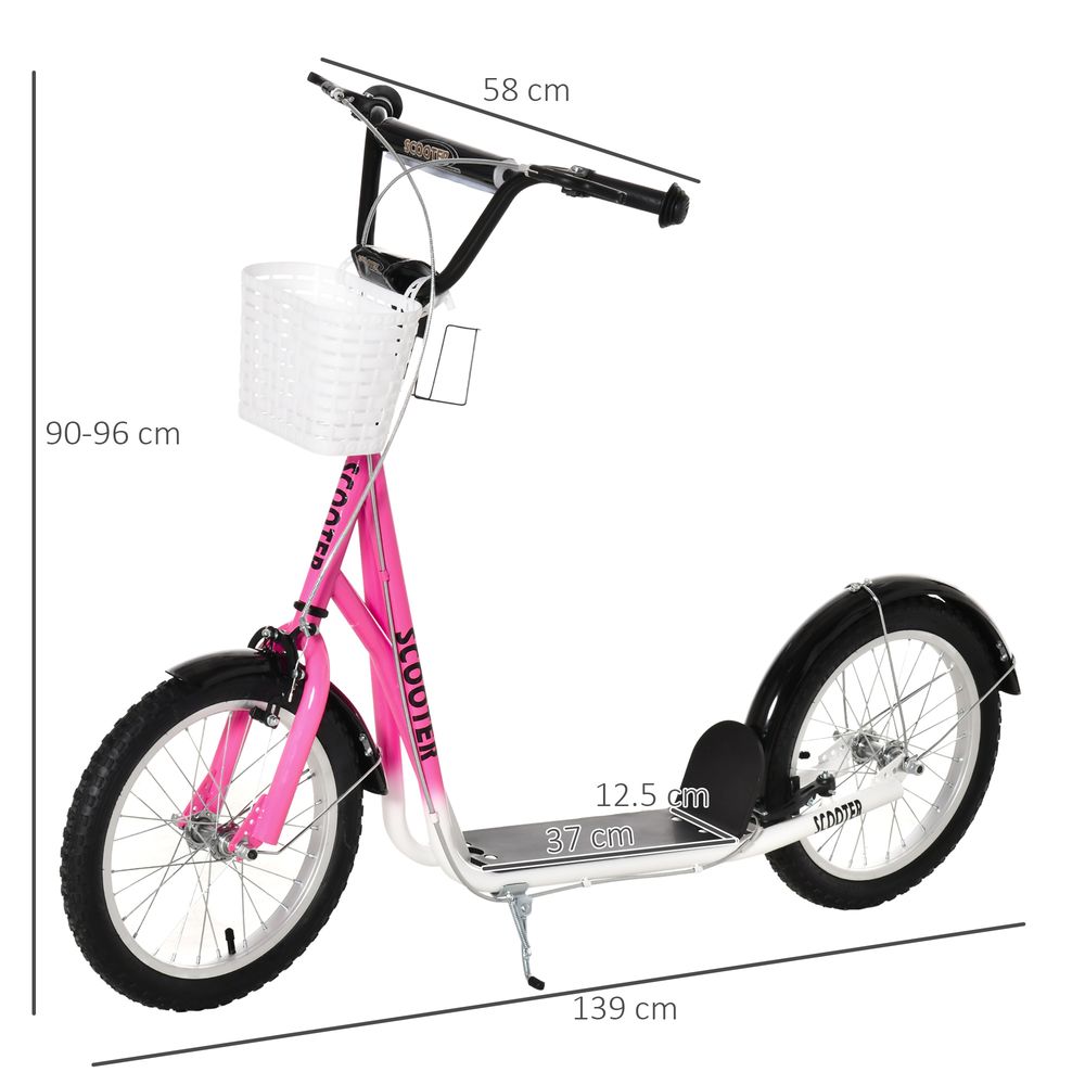Pink kids ride-on scooter, side view, with front basket, kickstand, and black wheels
