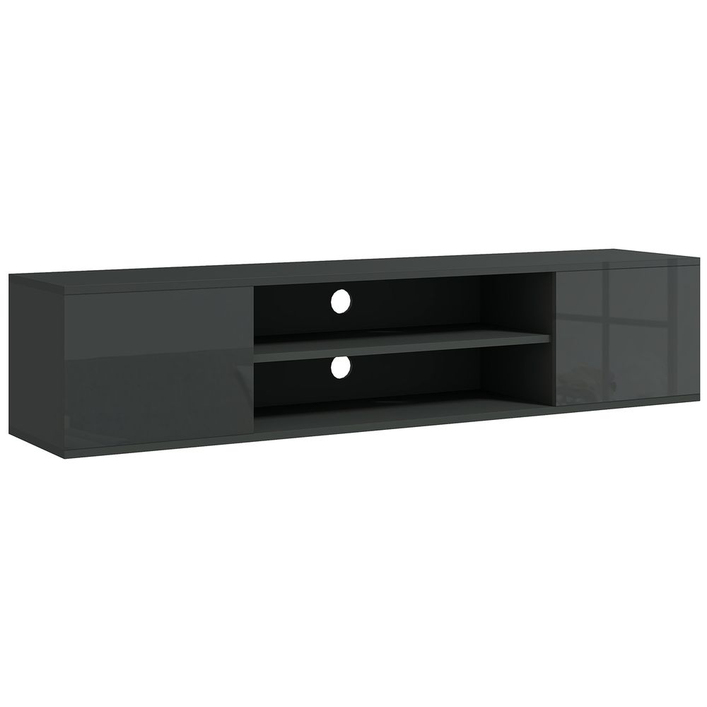 Floating grey TV console with open center shelves and side storage cabinets