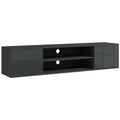 Floating grey TV console with open center shelves and side storage cabinets