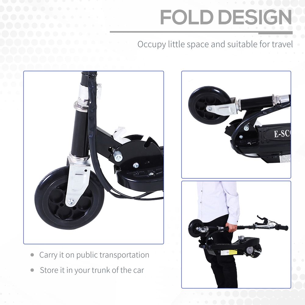 Black electric scooter showing foldable design and front wheel close-up