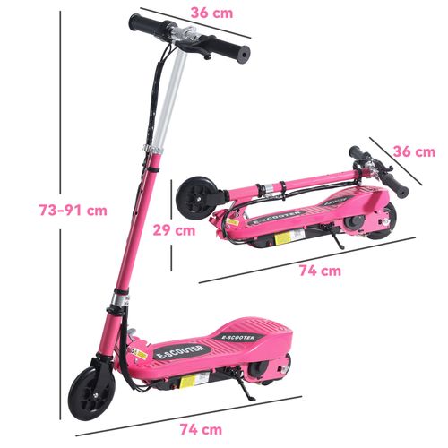Pink folding electric scooter size diagram showing deck, stem, and handlebars