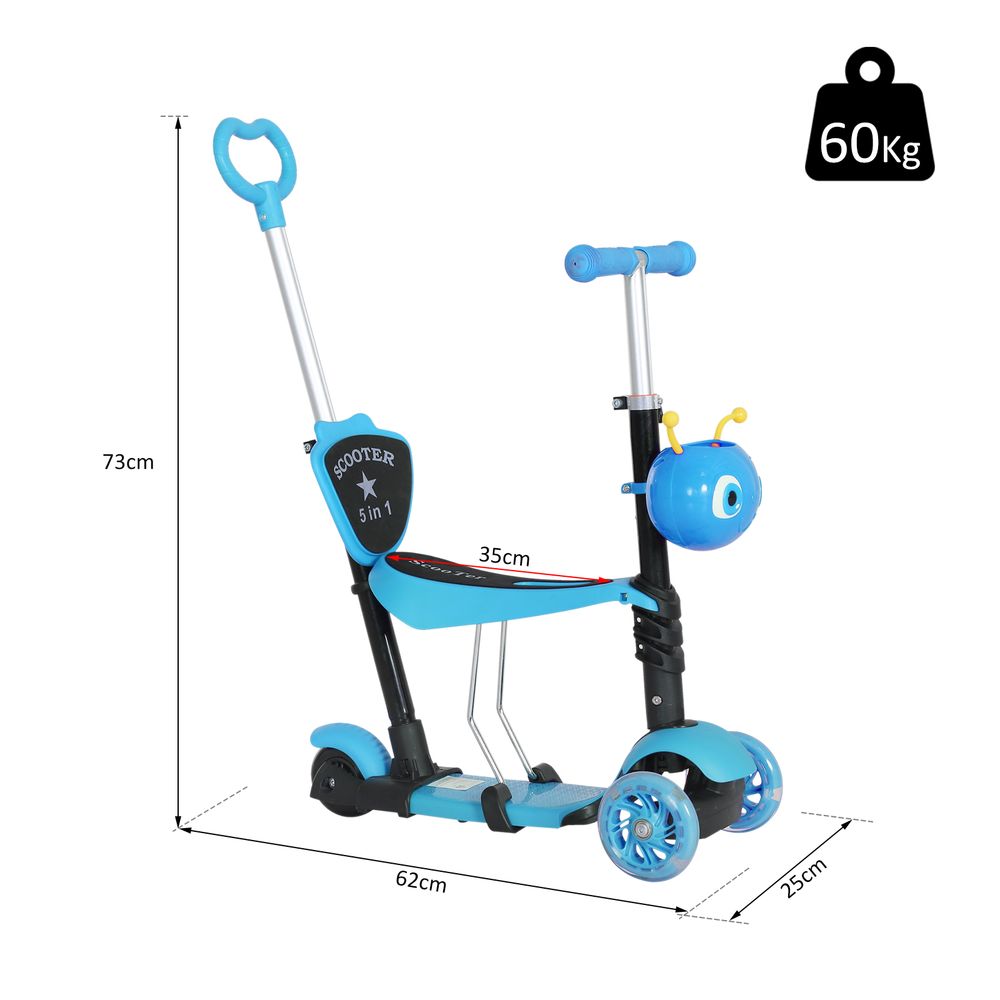 Blue and black 3-wheel kids kick scooter with tall push handle and front wheels