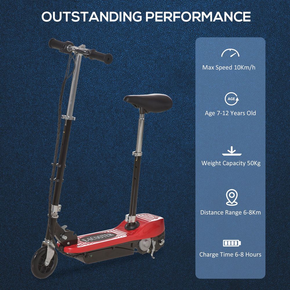 Kids electric scooter with red deck and black seat, handlebars and front wheel visible