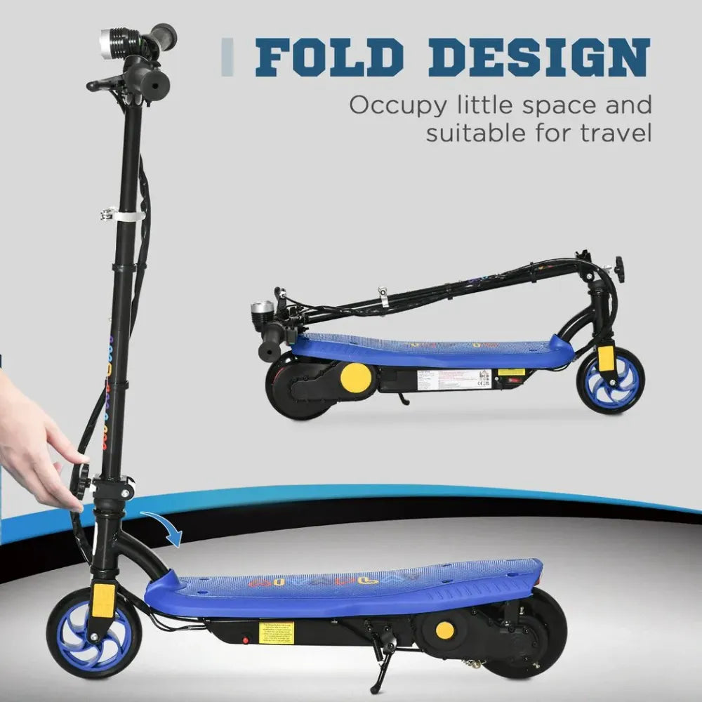 Blue electric scooter showing folded frame section, blue deck, and front wheel