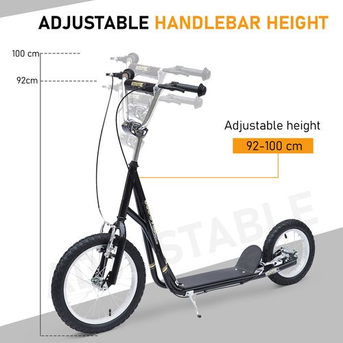 Kick scooter with adjustable handlebar height, black footboard, large front and rear wheels