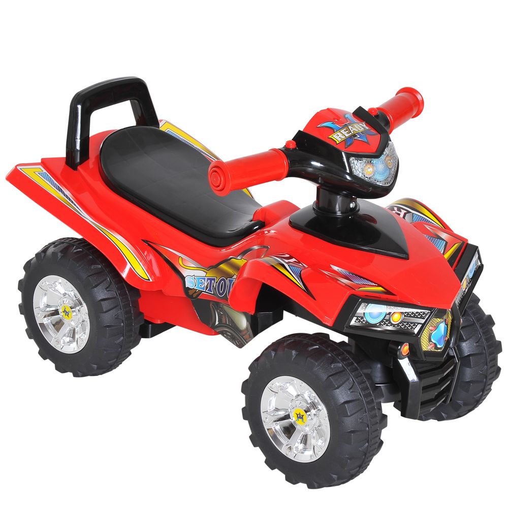 Red kids ride-on quad bike, four wheels, black seat and handlebar