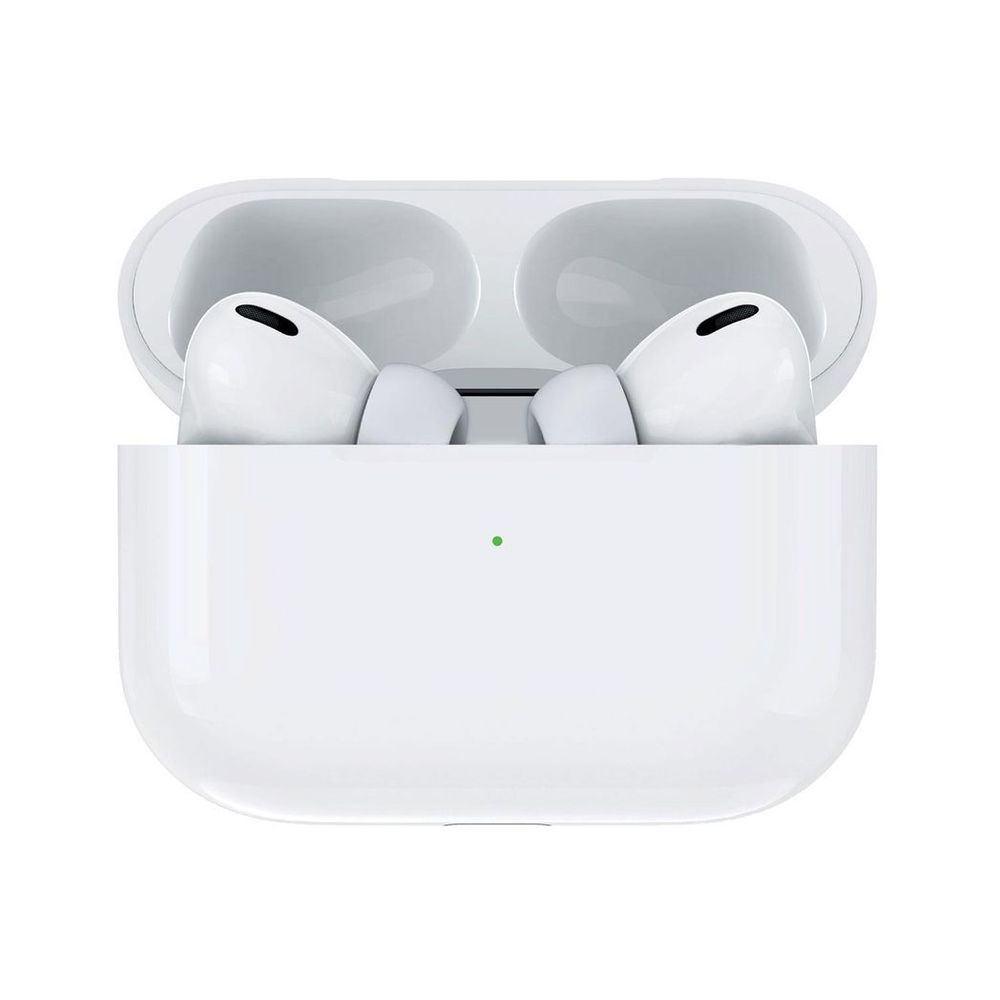 White wireless earbuds in charging case, front view with open lid