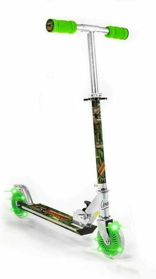Children's dinosaur push scooter with green handle grips and light-up wheels