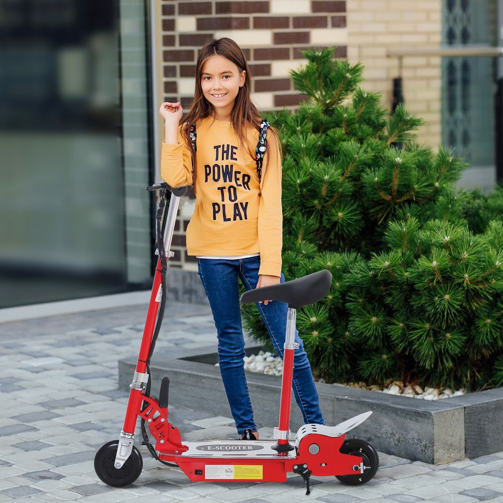 Red foldable powered scooter with black handlebars, deck, and seat on pavement