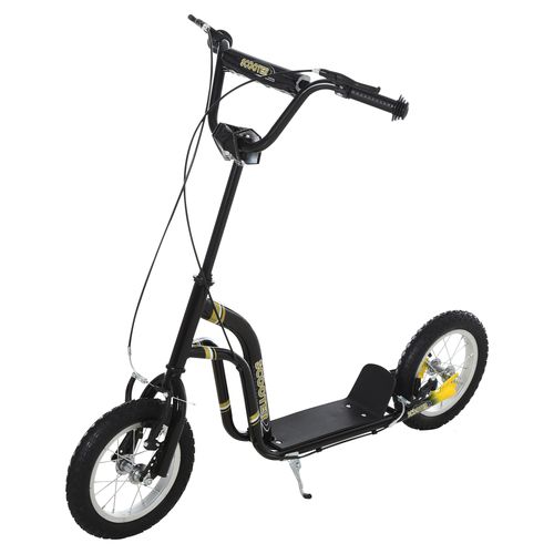 Black kids stunt scooter with 12" rubber wheels, raised handlebar, and kickstand