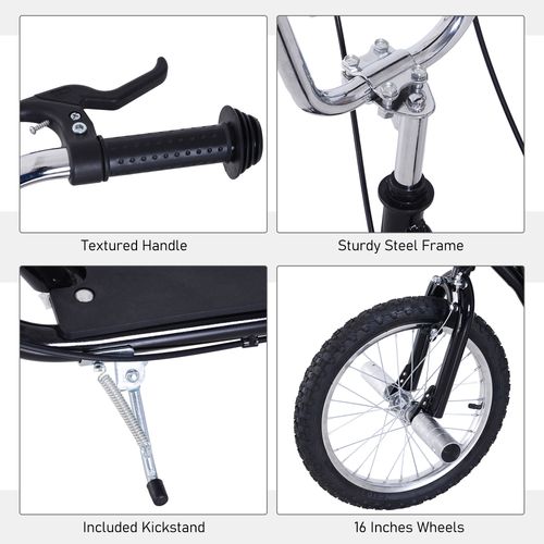 Black stunt scooter with textured handlebars, sturdy steel frame, and kickstand; 16 in wheels