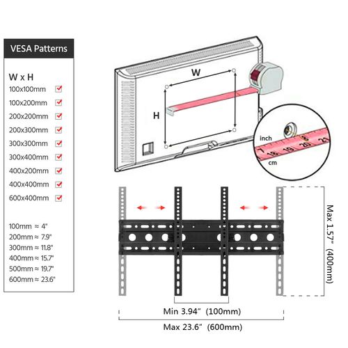 VESA mounting compatibility and size diagram for TV bracket on mobile cart