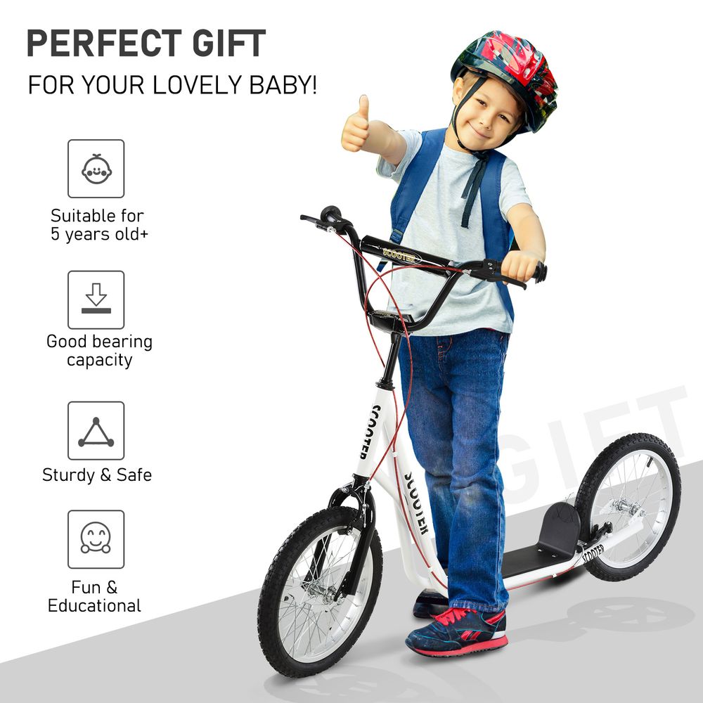 White kids kick scooter with adjustable handlebar, black anti-slip deck, and large rubber wheels
