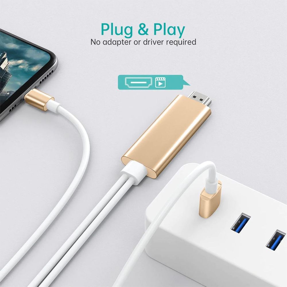 Gold HDMI adapter cable with white housing and USB connector