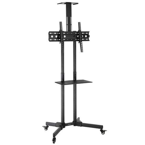 Mobile TV cart with VESA mount plate, mid shelf, and four caster wheels, front view