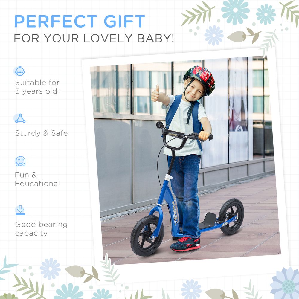 Blue kids ride-on scooter with black deck and large rear wheel