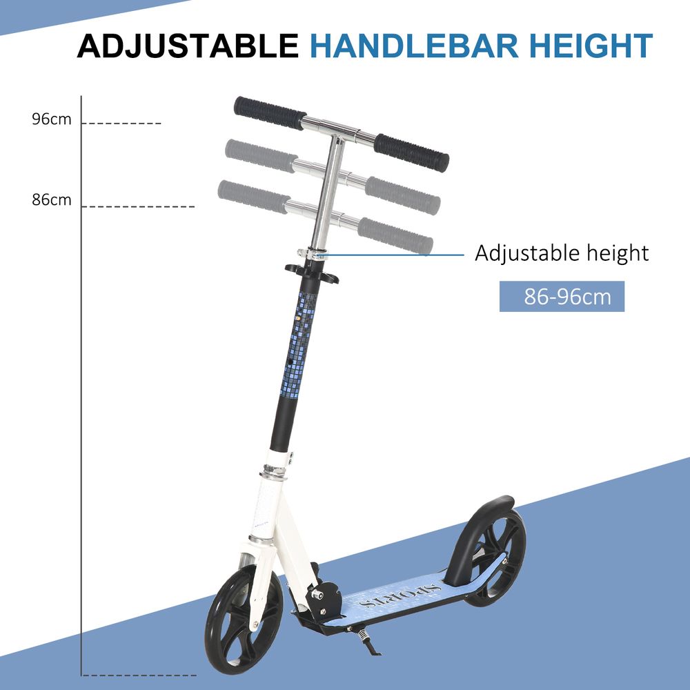 Adjustable-height kick scooter with white frame, blue patterned stem, black handle grips.