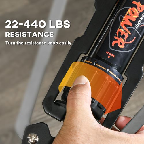 Close-up of scooter resistance knob on black hydraulic unit with orange-red indicator