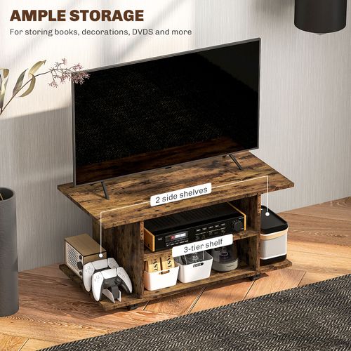 Rustic brown TV stand with two side shelves and three-tier open storage