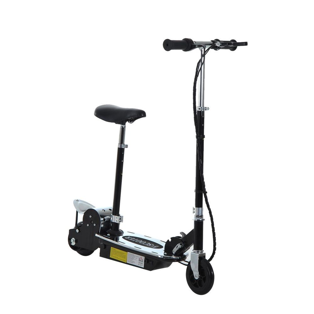 Black foldable electric scooter with black handlebars, front wheel, and deck motor housing