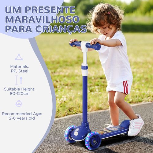 Blue kids 3-wheel scooter with glowing LED wheels and adjustable handle