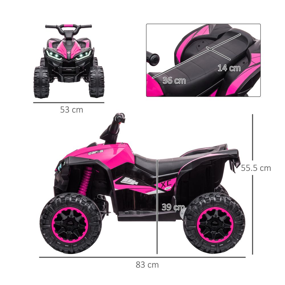 Pink and black kids electric quad bike, side view with front and rear wheels