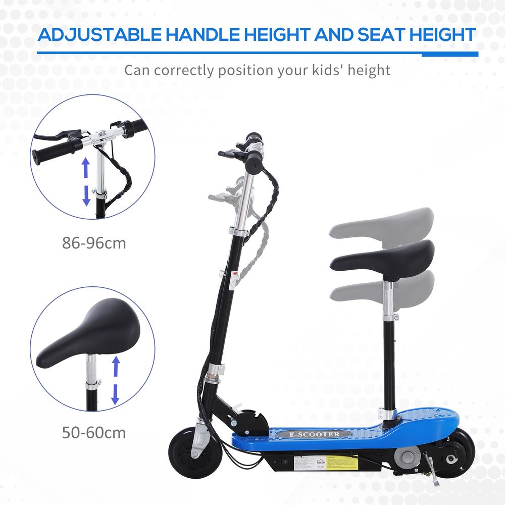Kids electric ride-on scooter with adjustable handle and seat, blue footplate and front wheel