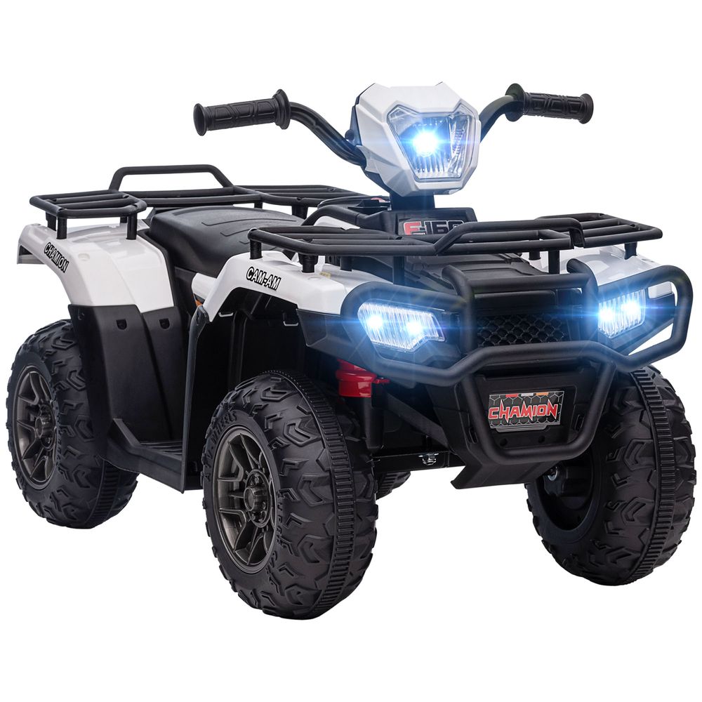 White kids electric quad bike with LED front lights and black handlebars