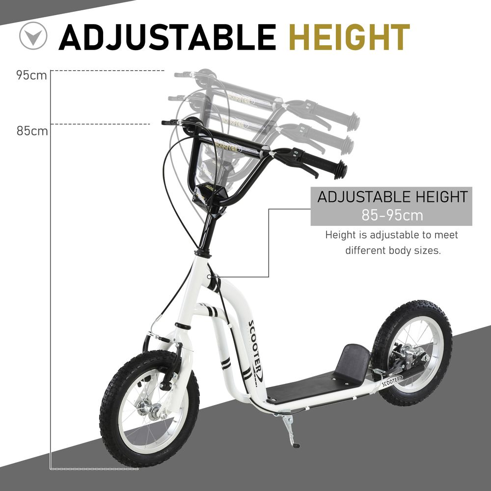 White kids kick scooter with adjustable height handlebar and black seat, 12-inch wheels