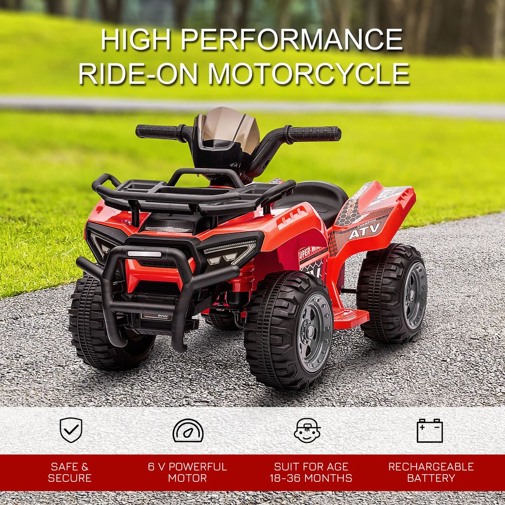 Red kids electric quad ATV with black roll bar and front grille guard.