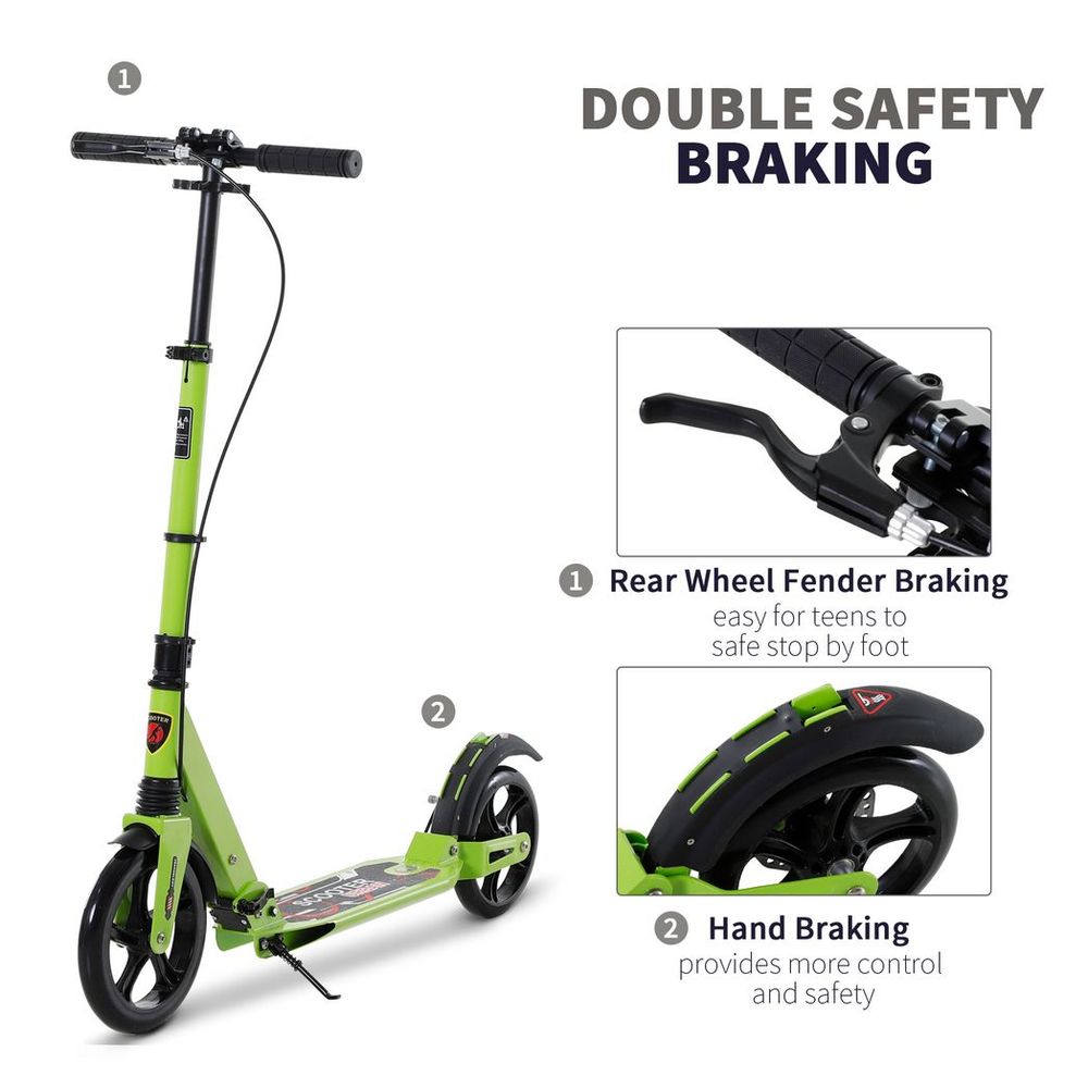 Green kick scooter with hand brake lever and rear wheel fender braking